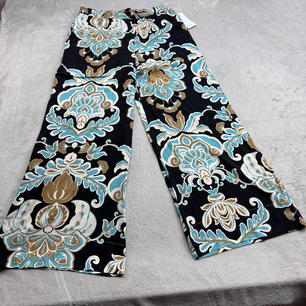 Karen Kane Aquamarine Wide Leg Pants Womens L Black Blue Damask Floral Boho Chic
